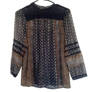 LUCKY BRAND WOMENS BLACK/GOLD MOCK NECK SLEEVED SHEER BLOUSE LINED TORSO SZ S